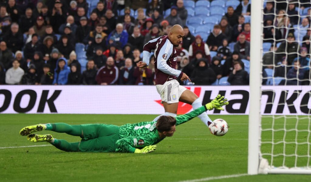 Donyell Malen scores a disallowed goal for Aston Villa